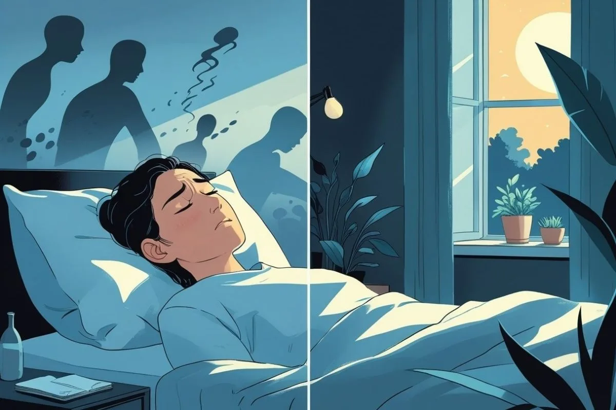 PTSD and Sleep: Understanding the Impact and Solutions Split illustration showing disrupted sleep caused by PTSD symptoms and a calmer sleep environment that supports recovery