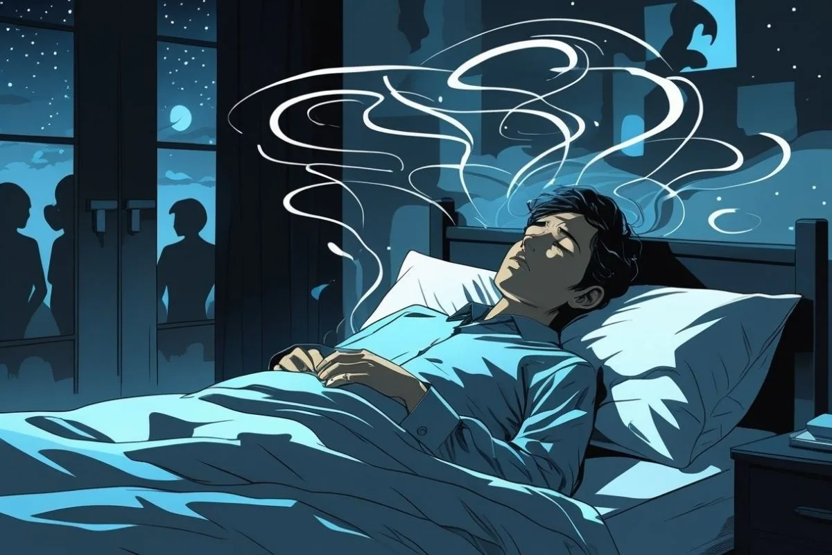 PTSD and Sleep: Understanding the Impact and Solutions Individual lying awake in bed with racing thoughts, representing insomnia and hyperarousal commonly associated with PTSD