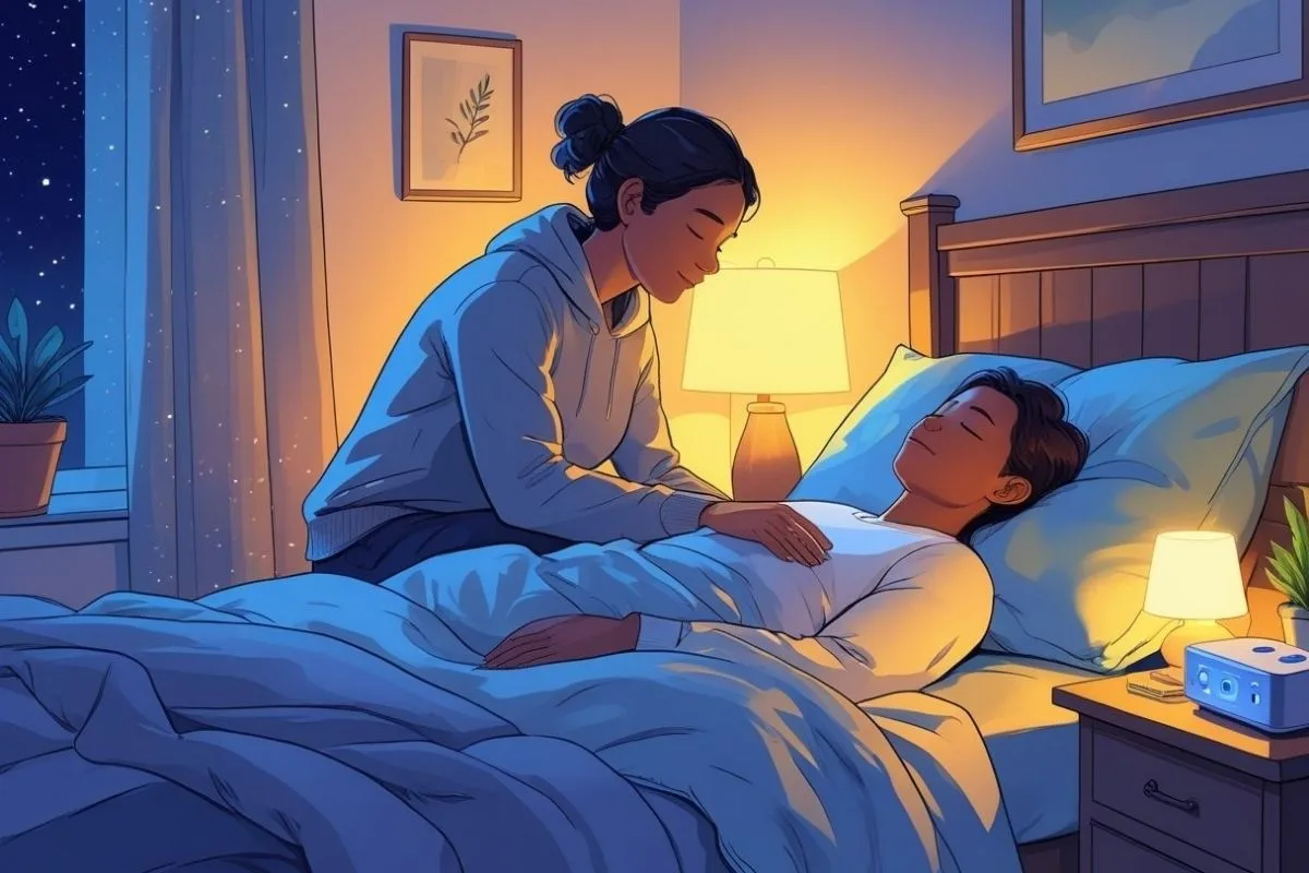 PTSD and Sleep: Understanding the Impact and Solutions Caregiver providing comfort to a person sleeping, highlighting emotional support and PTSD sleep management strategies
