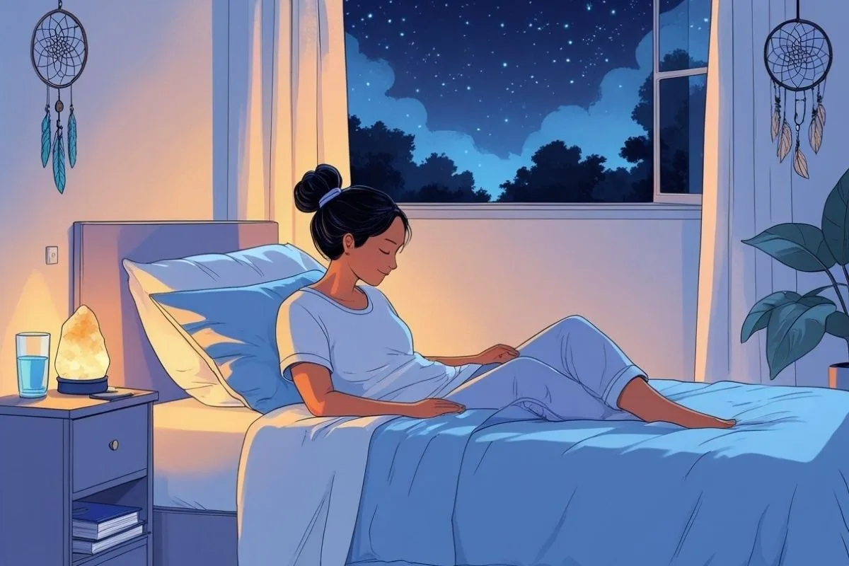 PTSD and Sleep: Understanding the Impact and Solutions Person practicing relaxation techniques before bed, demonstrating healthy habits that may improve sleep with PTSD