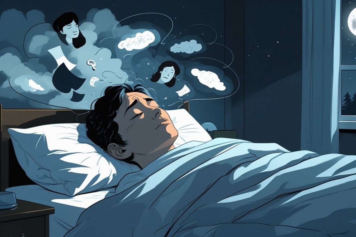 Person sleeping while experiencing vivid dreams and intrusive thoughts, illustrating PTSD-related nightmares and sleep disturbances