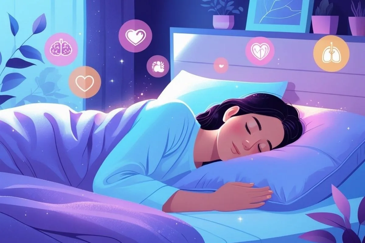 Rest and Sleep: Understanding Their Differences and Health Benefits Woman sleeping peacefully with wellness symbols showing how sleep supports overall health