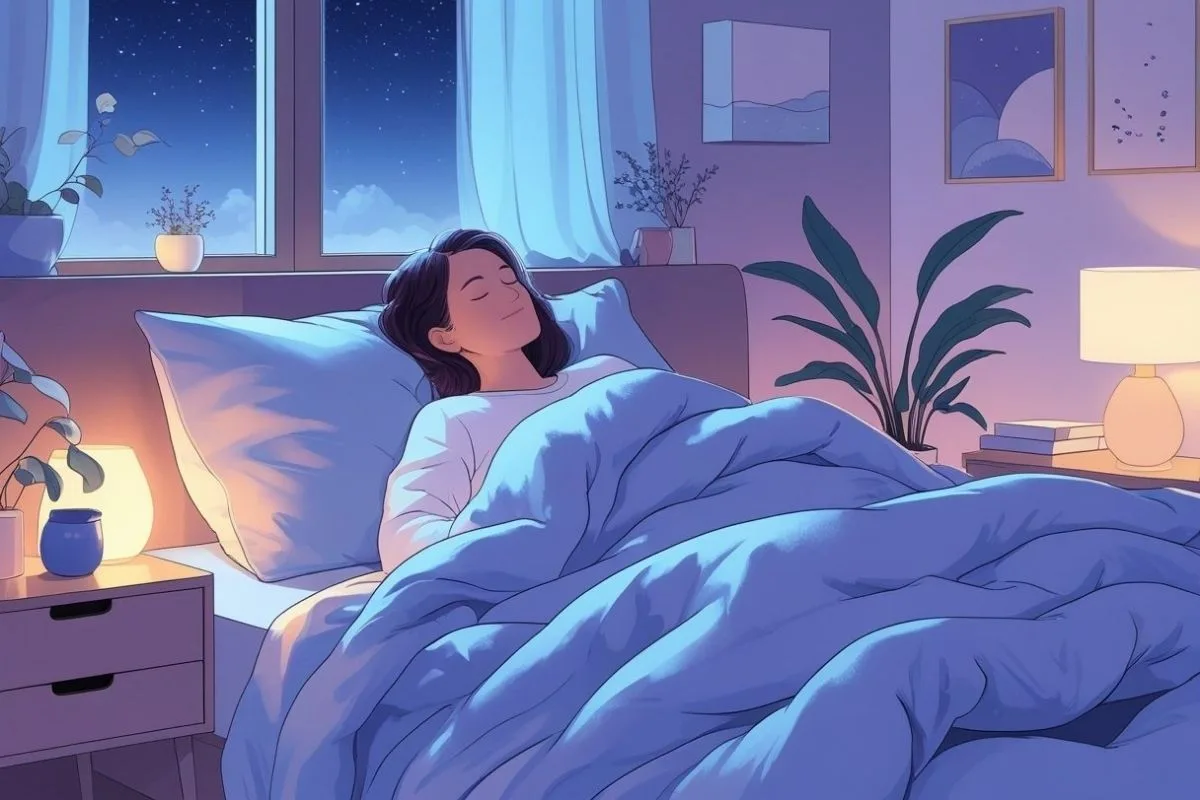 Woman sleeping peacefully in bed showing the health benefits of quality sleep