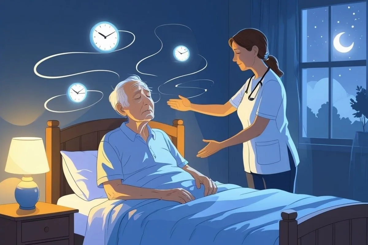 Healthcare professional discussing sleep problems with an older adult living with alzheimer's disease
