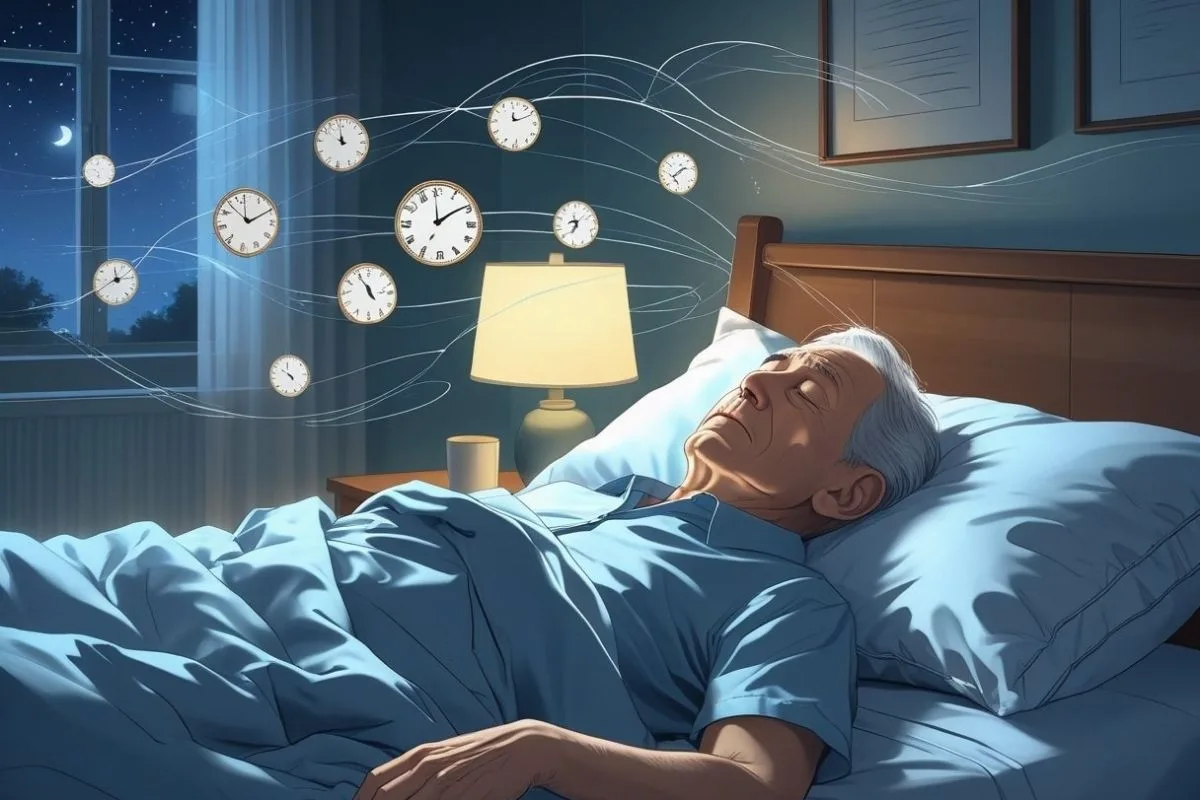 Older adult sleeping while clocks illustrate disrupted sleep patterns linked to alzheimer's disease