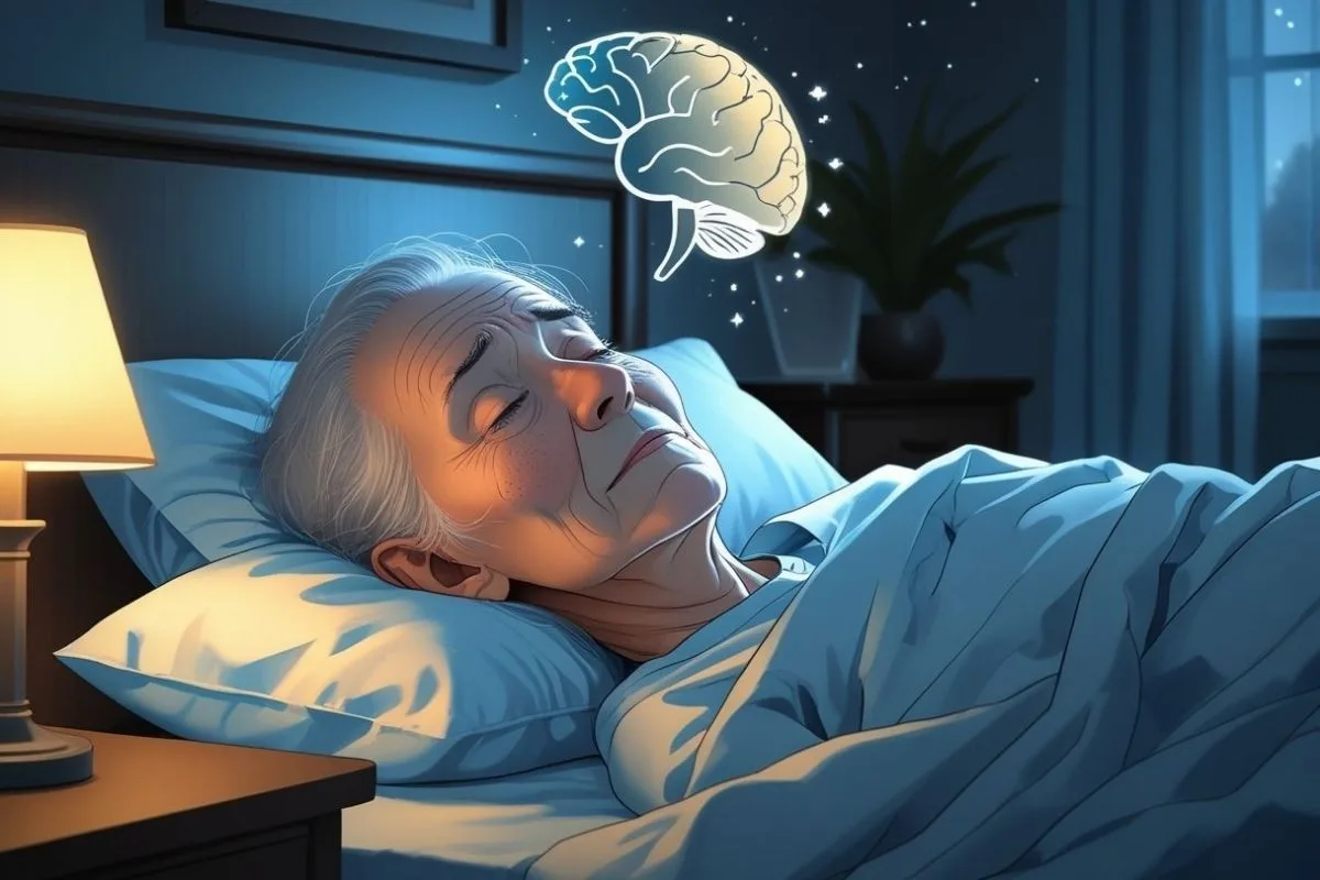 Illustration of an older adult sleeping with a brain graphic representing sleep and brain health in alzheimer's disease
