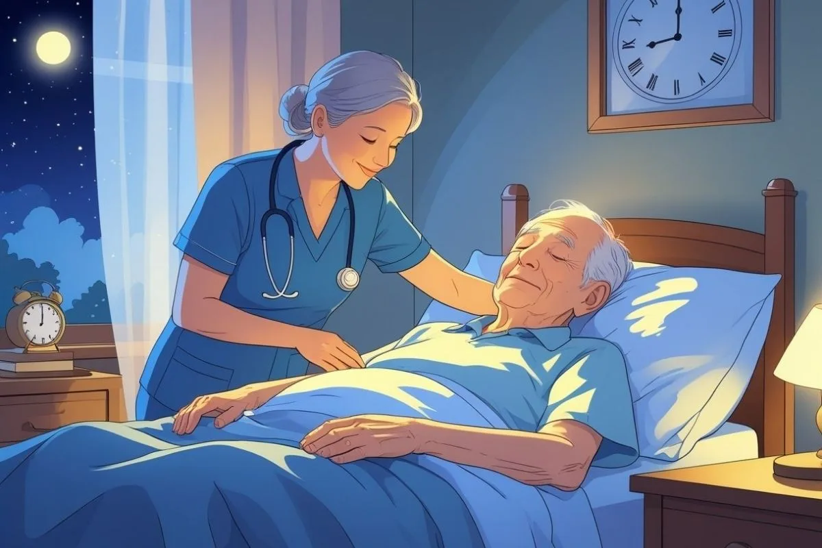 Caregiver supporting an older adult in bed to promote healthy sleep and comfort with alzheimer's disease