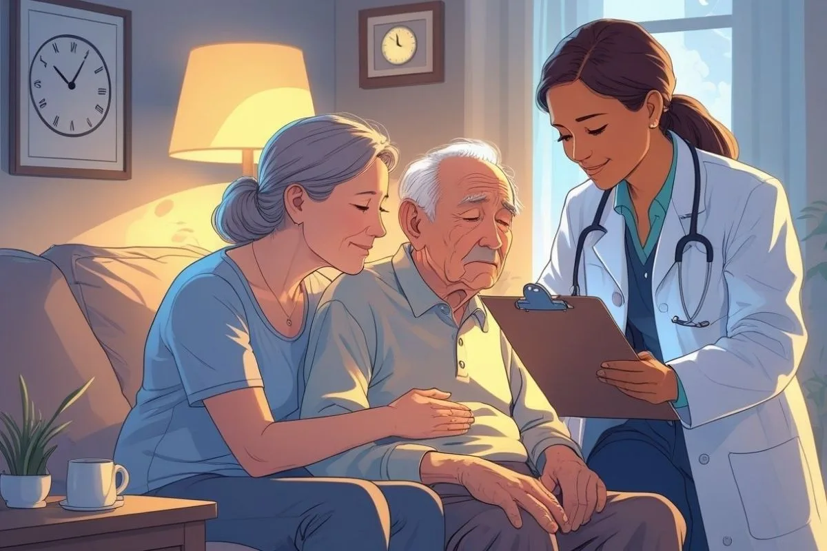 Doctor and caregiver discussing sleep changes and alzheimer's disease care for an older patient