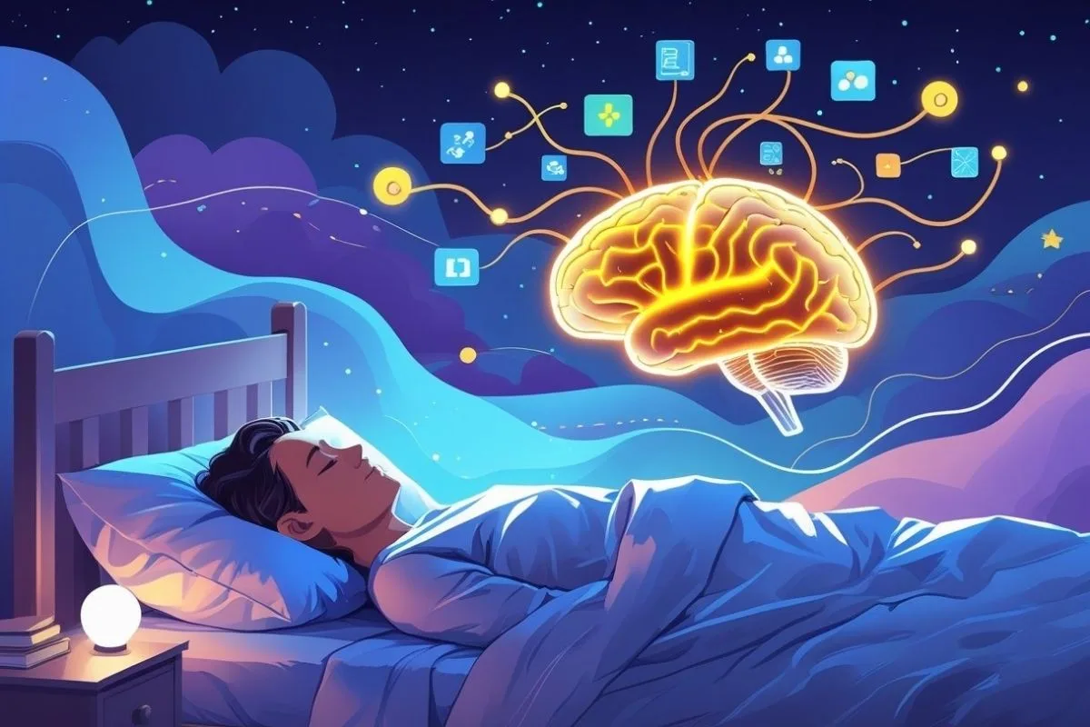 Sleep and Memory: Understanding the Connection for Better Memory Sleeping individual with a glowing brain and neural connections, representing how sleep supports learning, memory retention, and cognitive function