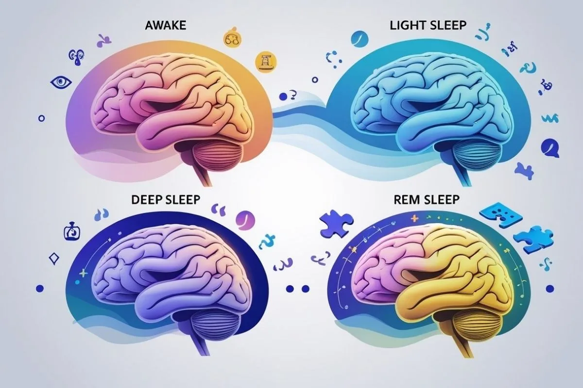 Sleep and Memory: Understanding the Connection for Better Memory Diagram of brain activity during awake, light sleep, deep sleep, and REM sleep stages, highlighting each stage’s role in memory processing