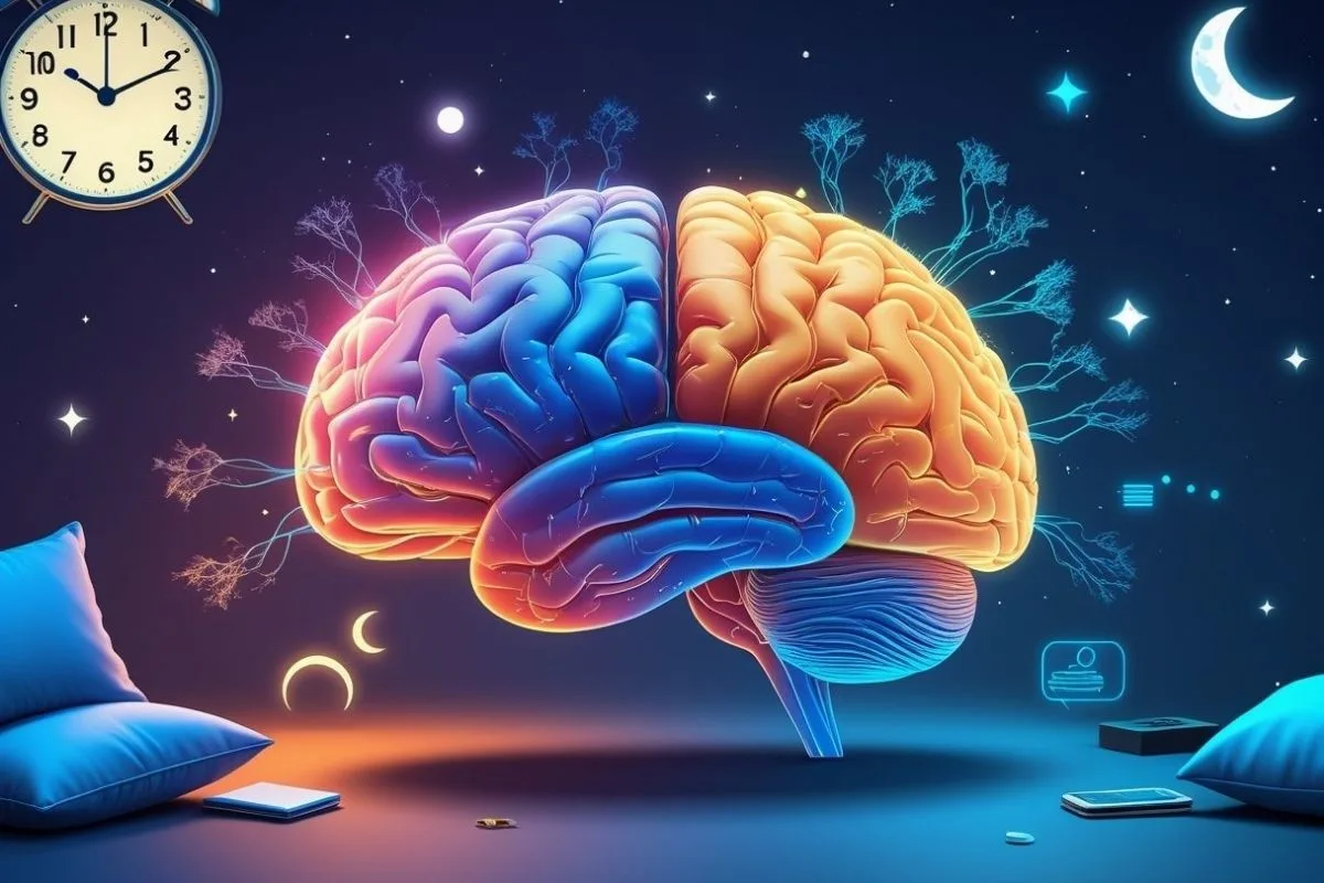 Sleep and Memory: Understanding the Connection for Better Memory Colorful brain illustration surrounded by sleep-related symbols, depicting the relationship between healthy sleep patterns and cognitive performance