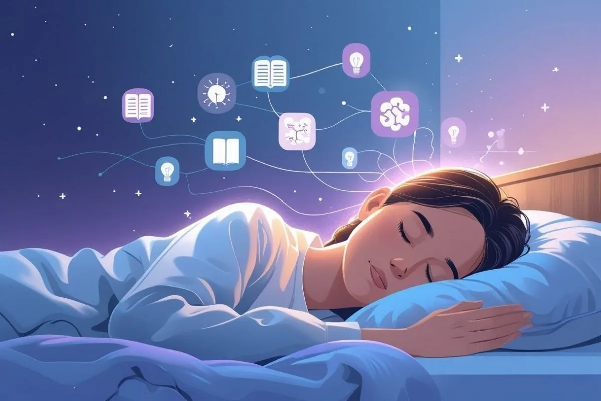 Sleep and Memory: Understanding the Connection for Better Memory Person sleeping peacefully while brain and knowledge icons appear overhead, illustrating memory consolidation during sleep
