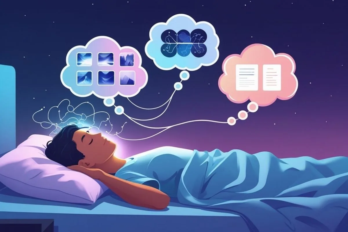 Sleep and Memory: Understanding the Connection for Better Memory Sleeping individual with thought bubbles representing memories and learned information being organized during the sleep cycle