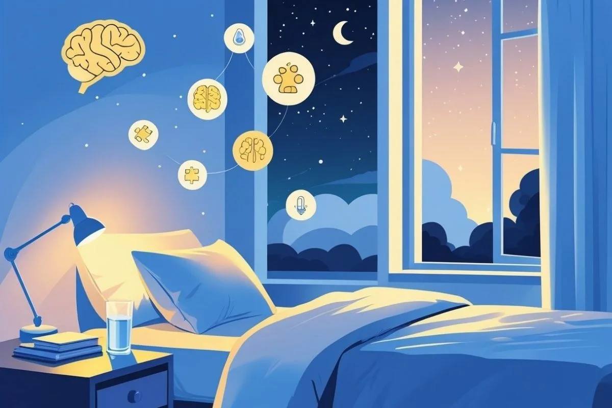 Sleep and Memory: Understanding the Connection for Better Memory Bedroom scene with brain and sleep icons above the bed, symbolizing the role of quality sleep in brain health and memory formation
