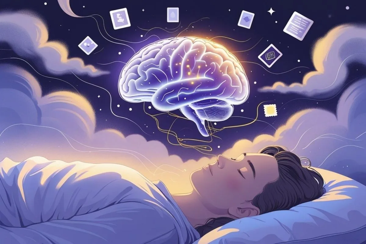 Sleep and Memory: Understanding the Connection for Better Memory Illustration showing the connection between sleep and memory consolidation, with a sleeping person and a glowing brain processing information overnight