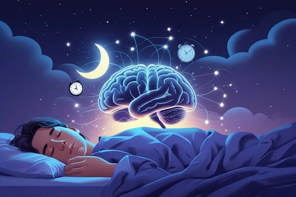 Sleep and the Brain: Understanding the Connection Sleeping person beneath a floating brain with stars and clocks representing the brain's role in sleep cycles and circadian rhythms