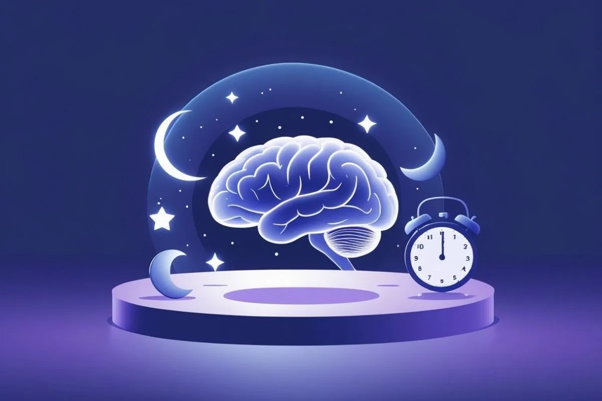 Sleep and the Brain: Understanding the Connection Brain surrounded by moon, stars, and alarm clock symbolizing the connection between sleep, brain function, and biological timing