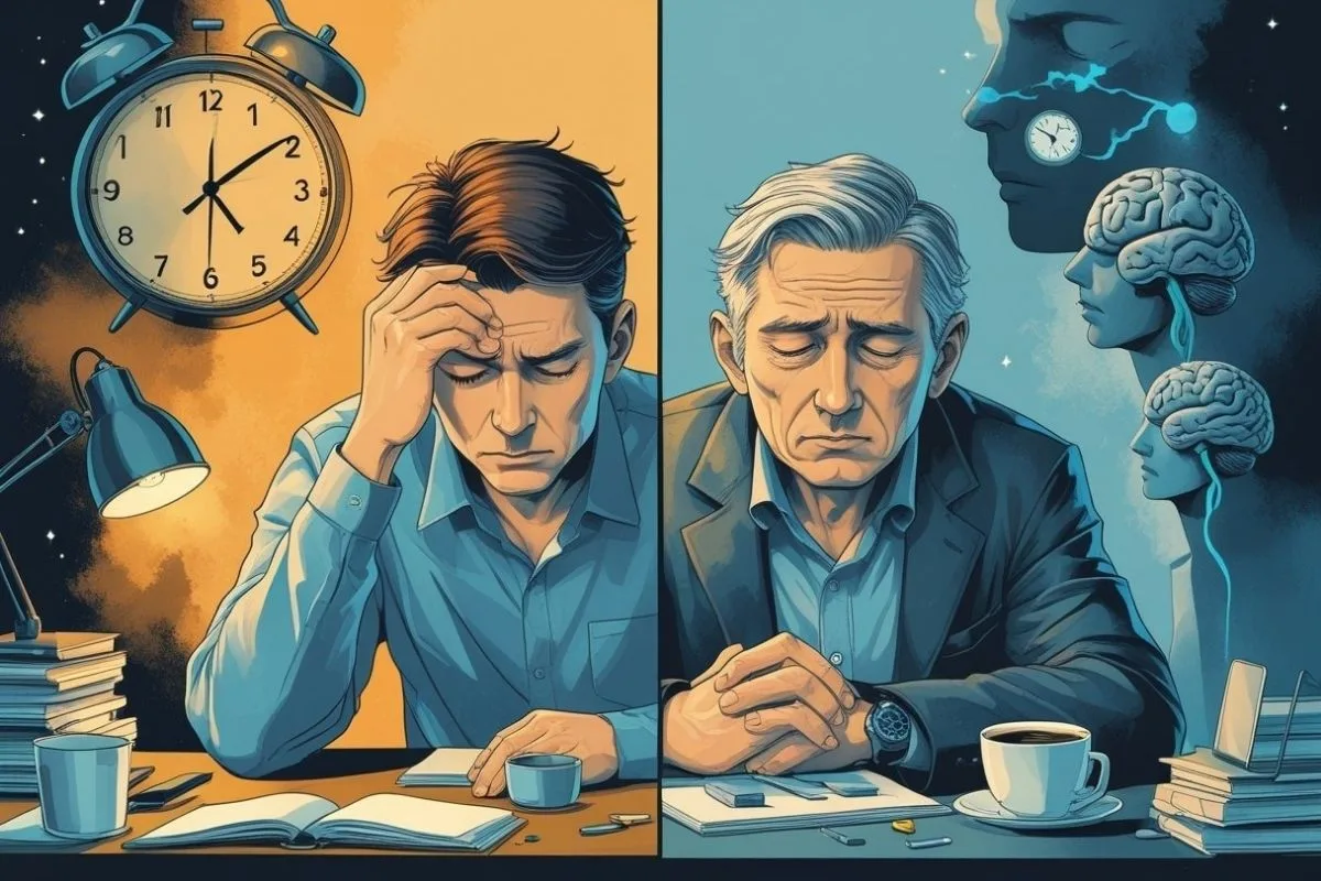 Sleep and the Brain: Understanding the Connection Illustration comparing a sleep-deprived person and an older adult, highlighting how poor sleep affects brain health and cognitive function