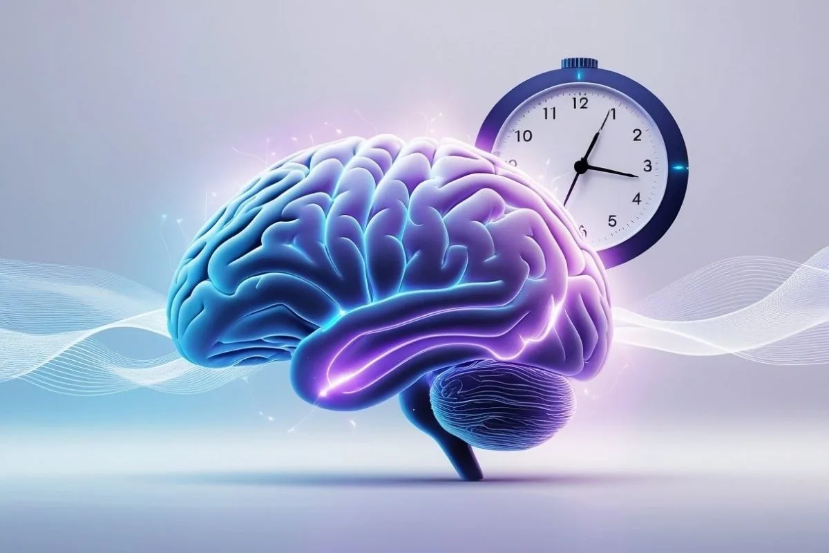 Sleep and the Brain: Understanding the Connection Human brain with a clock in the background representing the relationship between sleep timing, brain performance, and mental health