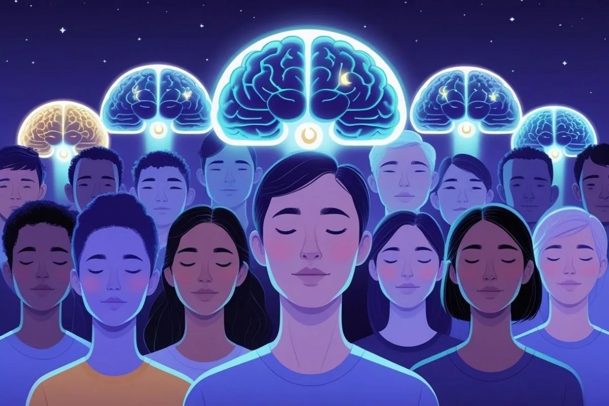 Sleep and the Brain: Understanding the Connection Group of people with illuminated brain graphics illustrating the importance of sleep for cognitive health and brain function across populations