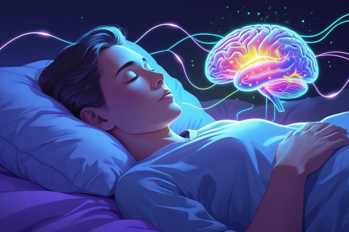 Person sleeping peacefully with a glowing brain illustration showing brain activity and neural connections during sleep