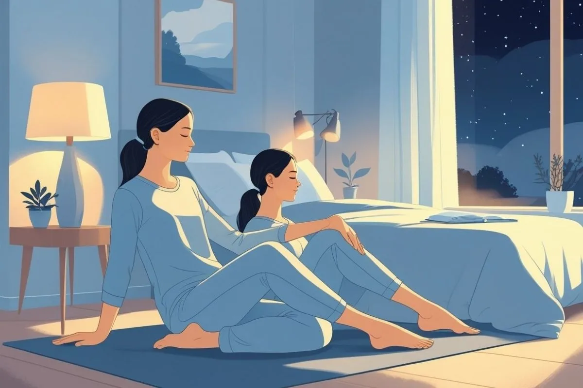 Stretching Before Bed: Benefits and Simple Routines to Improve Sleep Adult practicing evening floor stretches as part of a calming bedtime routine for better sleep