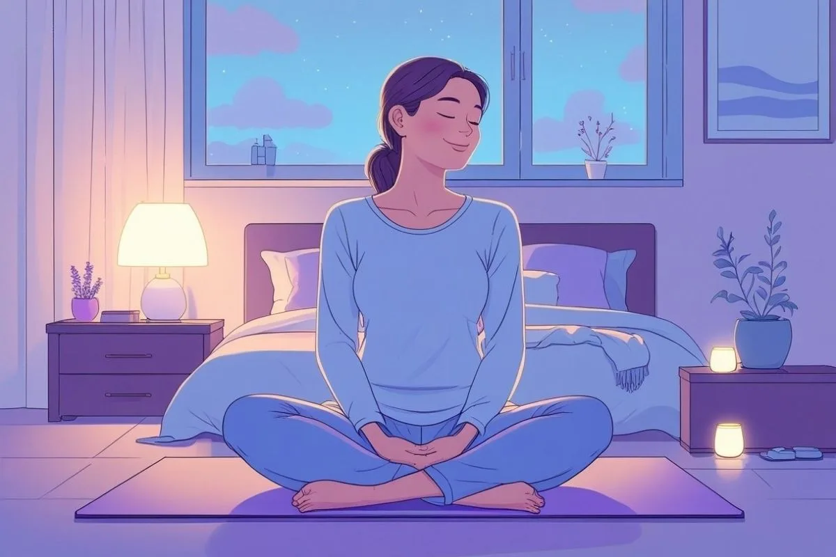Stretching Before Bed: Benefits and Simple Routines to Improve Sleep Person meditating before bed to reduce stress and complement a bedtime stretching routine