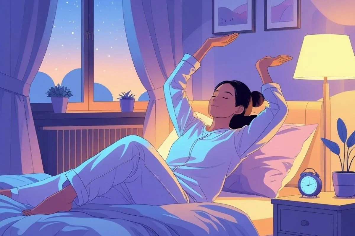 Stretching Before Bed: Benefits and Simple Routines to Improve Sleep Woman stretching in bed at night to ease muscle stiffness and promote restful sleep