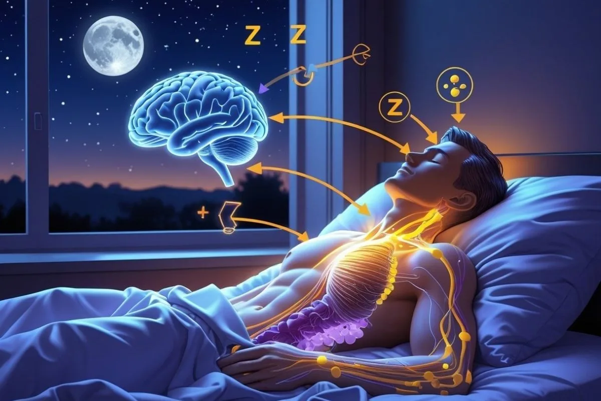 Testosterone and Sleep: Understanding the Connection for Better Health Diagram of the brain and hormones demonstrating how quality sleep supports testosterone production in the body