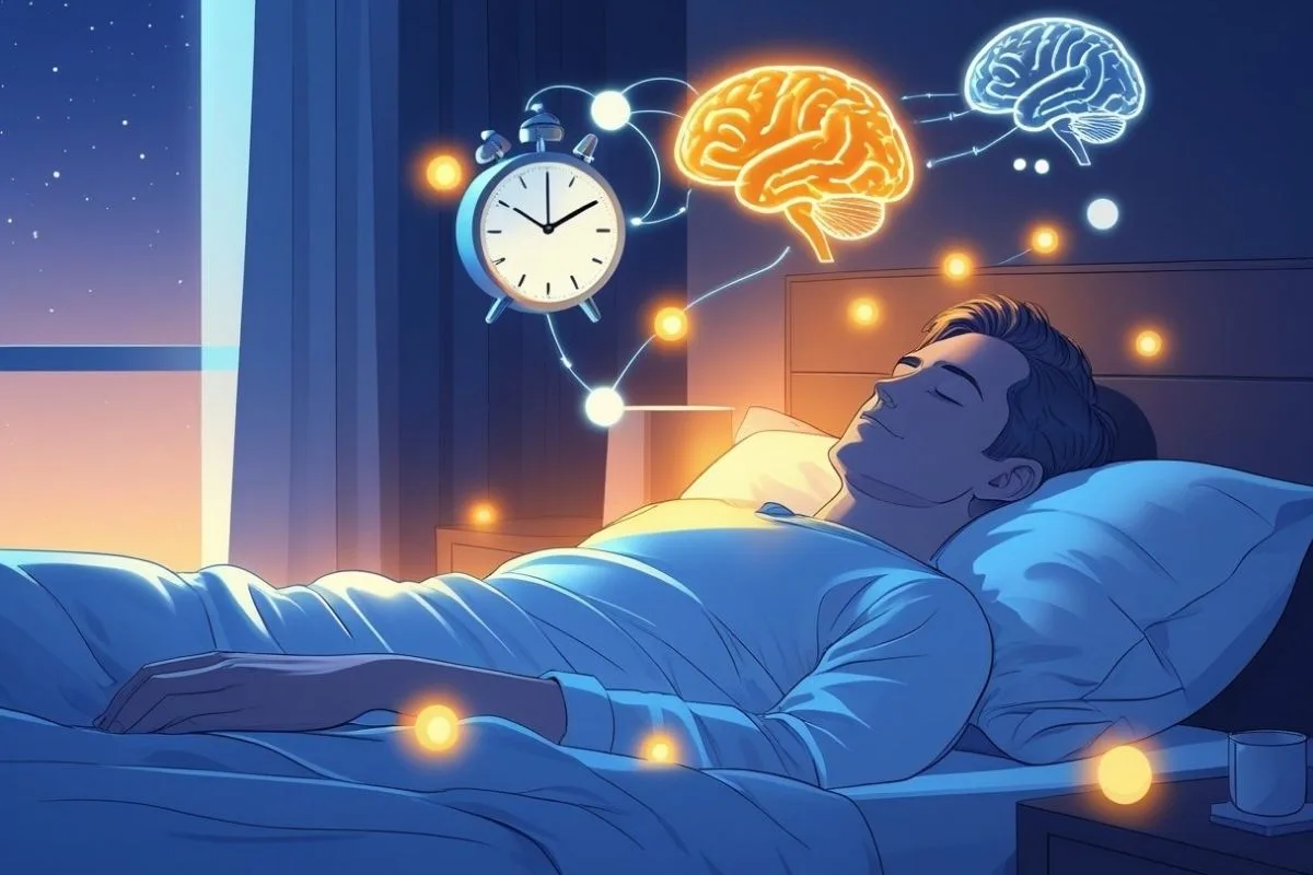 Testosterone and Sleep: Understanding the Connection for Better Health Brain and sleep cycle illustration showing how consistent sleep supports healthy testosterone regulation