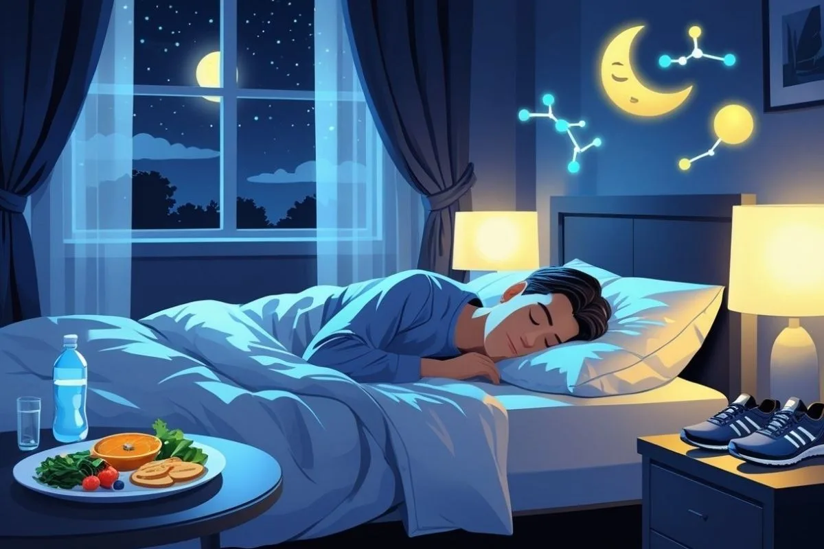 Testosterone and Sleep: Understanding the Connection for Better Health Healthy nighttime routine with nutritious food, hydration, and regular sleep habits to support testosterone levels