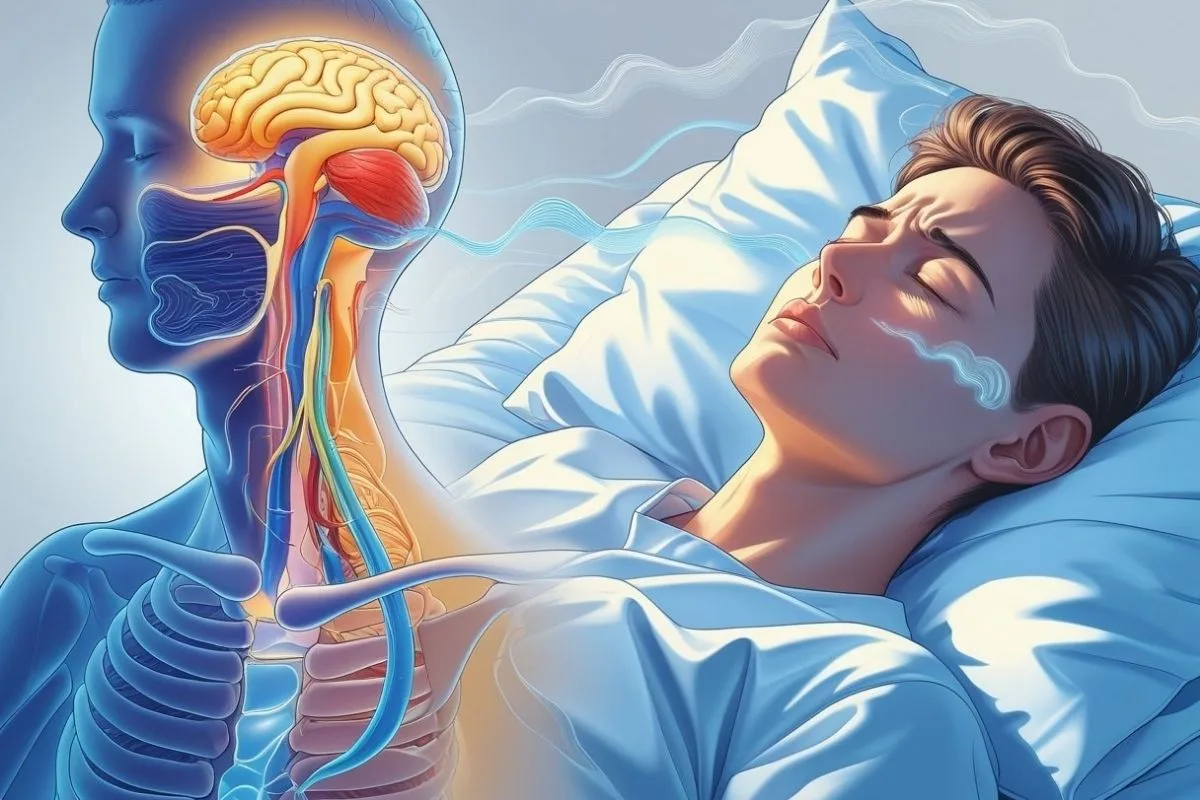 Thyroid and Sleep: How Your Thyroid Impacts Rest and Recovery Person struggling to sleep beside an anatomical diagram showing how thyroid disorders can affect the nervous system and sleep quality
