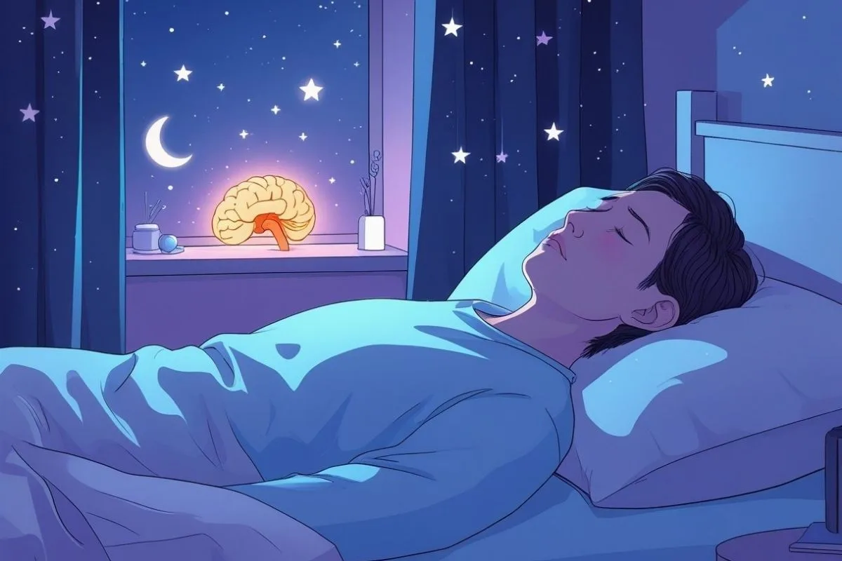 Person sleeping at night with a glowing brain illustration representing the connection between thyroid function and healthy sleep