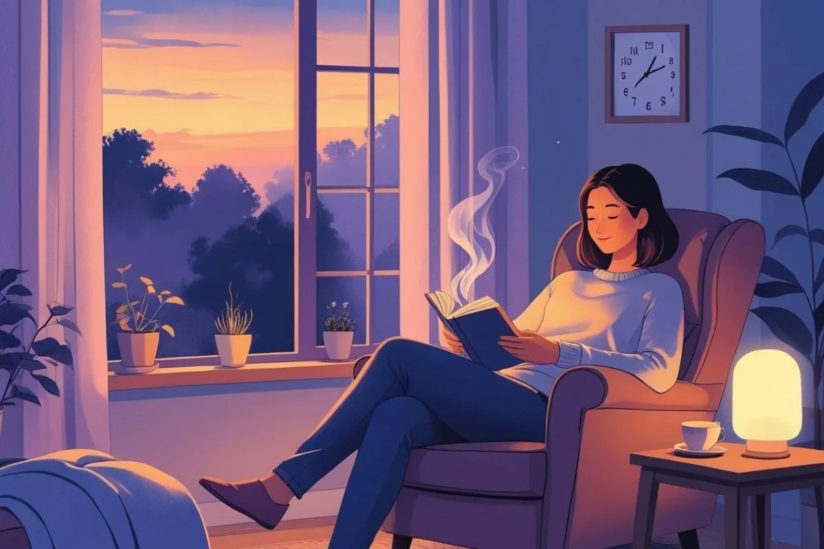 Waking Up Too Early: Causes, Effects, and Solutions for Better Sleep Woman reading a book before bed as part of a relaxing bedtime routine to reduce early morning waking