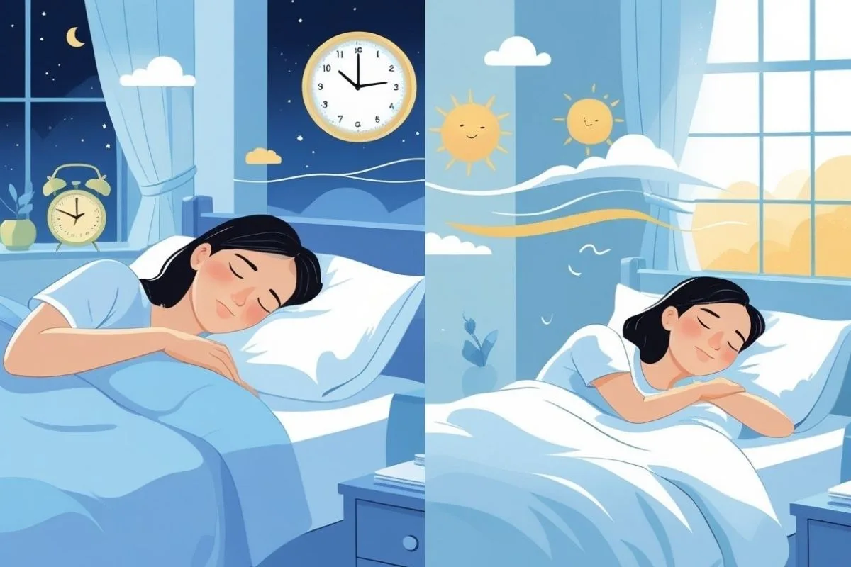 Waking Up Too Early: Causes, Effects, and Solutions for Better Sleep Comparison showing uninterrupted sleep versus waking up too early before the desired wake time