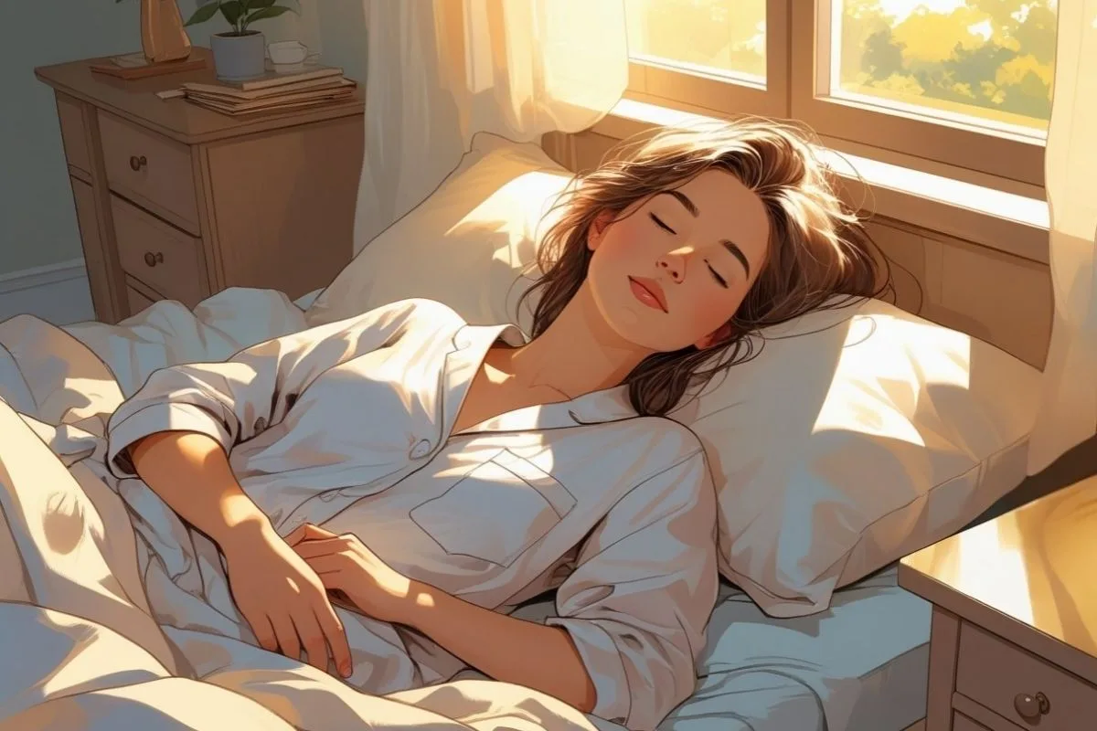 Woman sleeping peacefully in bed after following healthy habits to prevent waking up too early