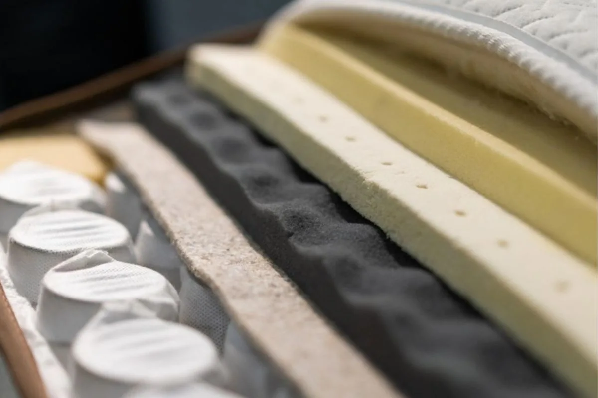 Cross-section of a latex hybrid mattress showing natural latex foam layers over individually wrapped pocket coils