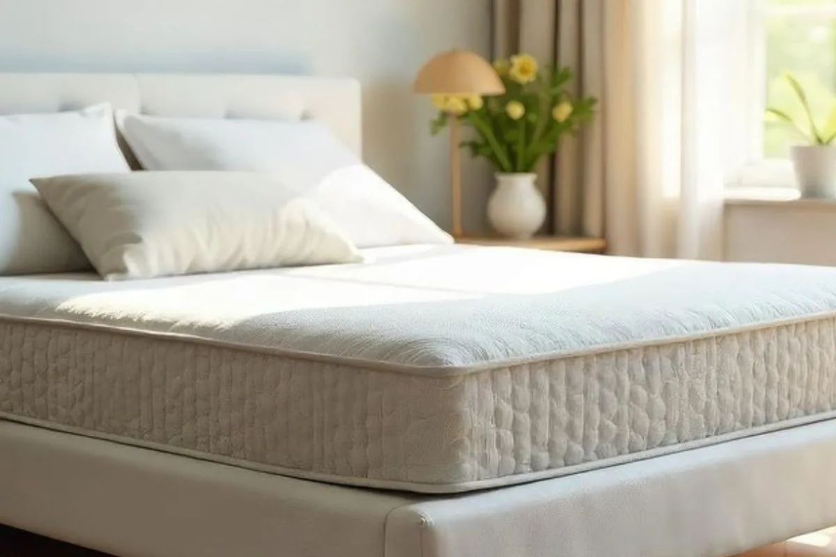 Latex hybrid mattress in a bright bedroom highlighting pressure relief, breathability, and responsive support