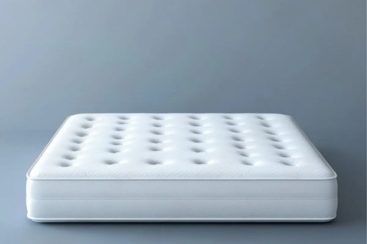 Minimalist latex hybrid mattress displayed on a plain background to showcase its clean design and medium profile