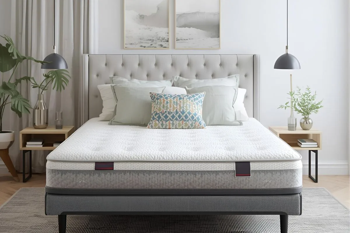 Latex hybrid mattress on a modern bed frame showcasing the combination of latex comfort and hybrid support