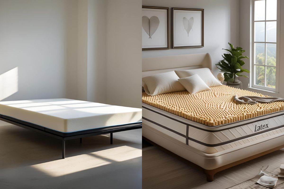 Side-by-side comparison of a foam mattress and a latex mattress highlighting differences in construction and support