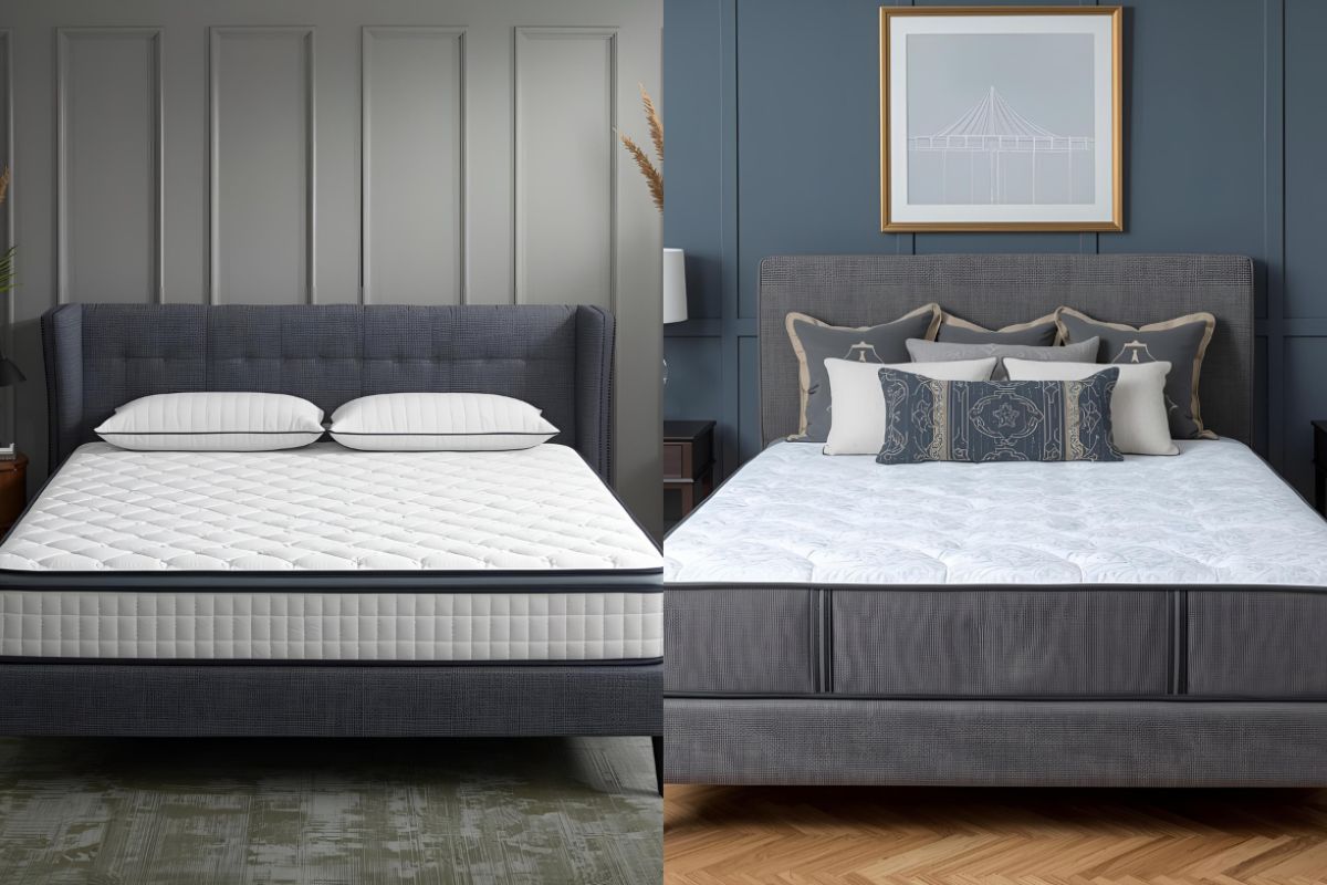 Side-by-side comparison of latex and memory foam mattresses, highlighting differences in construction, appearance, and overall design