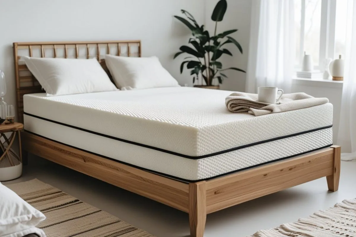 Why Buy a Latex Mattress? Natural latex mattress on a wooden bed frame, showcasing the eco-friendly materials, responsiveness, and long-lasting support of latex mattresses