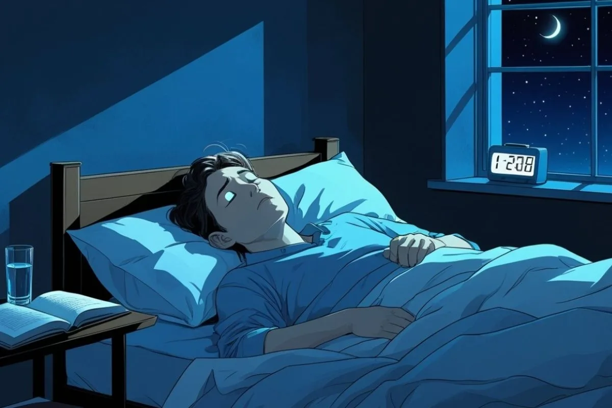 Anemia and Sleep: Can Iron Deficiency Affect Your Sleep? Person lying awake at night demonstrating how anemia symptoms may contribute to insomnia and restless sleep