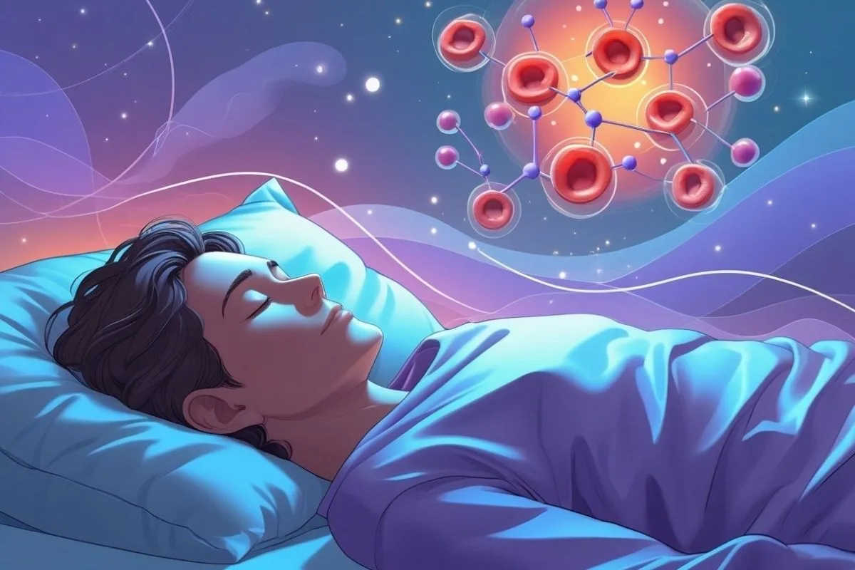 Anemia and Sleep: Can Iron Deficiency Affect Your Sleep? Illustration of red blood cells representing the connection between healthy oxygen transport, iron levels, and restorative sleep