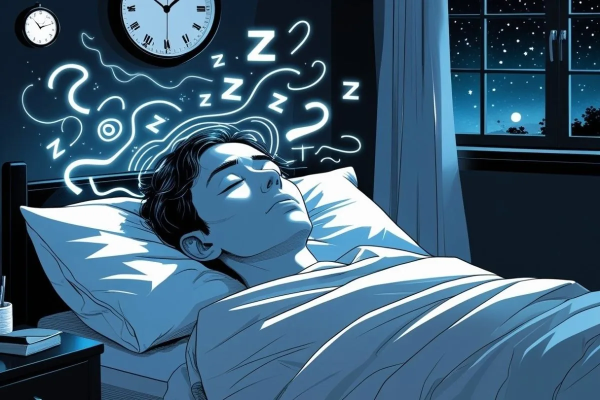 Anemia and Sleep: Can Iron Deficiency Affect Your Sleep? Restless sleeper with sleep-related symbols highlighting how anemia can disrupt normal sleep patterns and nighttime rest