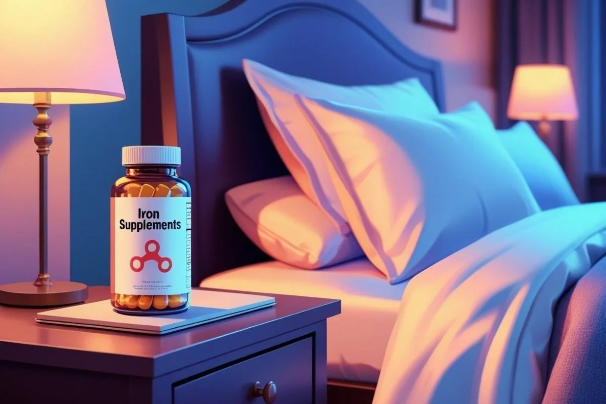 Anemia and Sleep: Can Iron Deficiency Affect Your Sleep? Iron supplement beside a bed illustrating one potential treatment to improve sleep affected by iron deficiency anemia