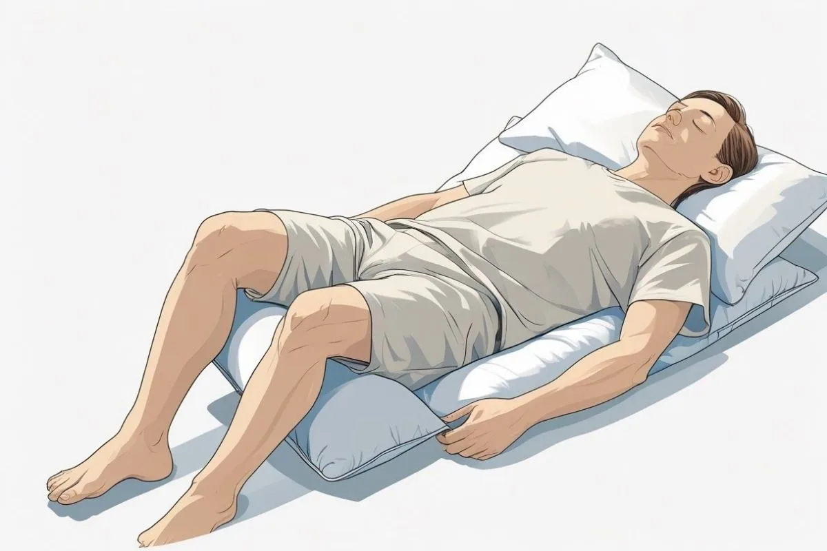 Back sleeping with pillows under the knees to reduce muscle tension and help prevent nighttime leg cramps