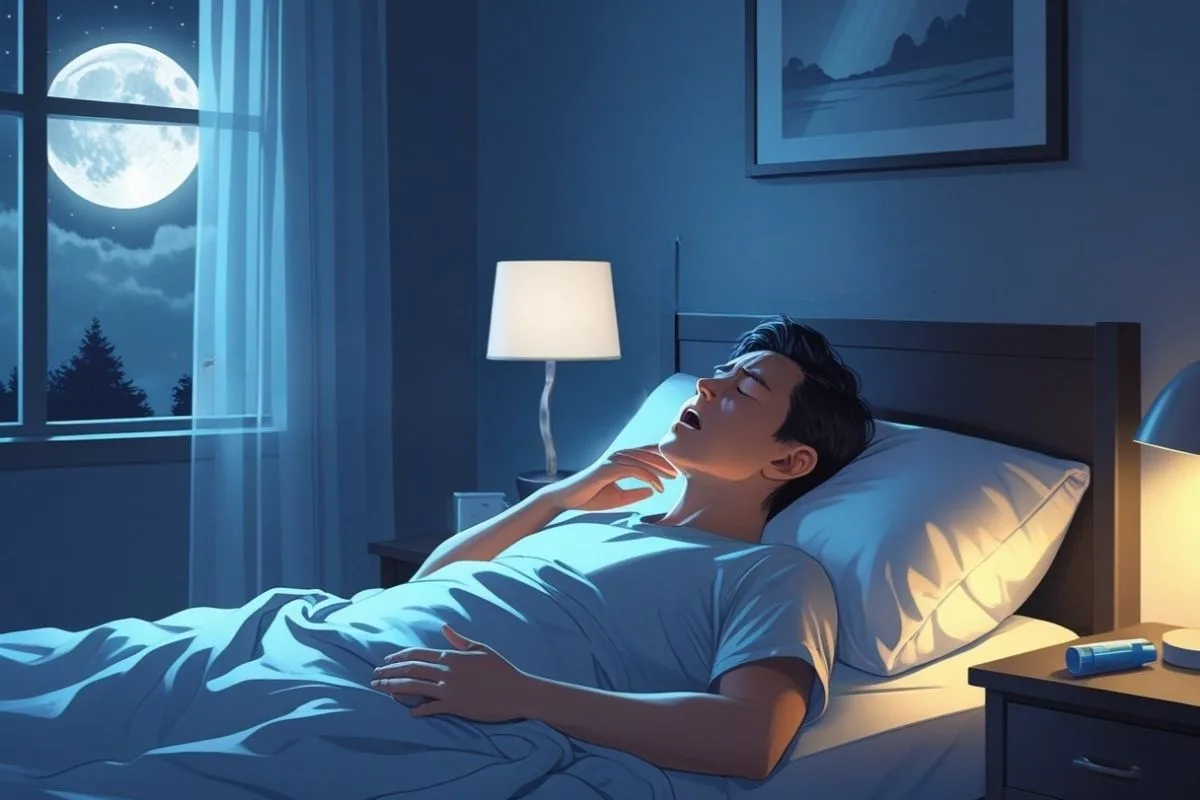 Person experiencing asthma symptoms while lying down at night, highlighting the impact of poor sleeping position