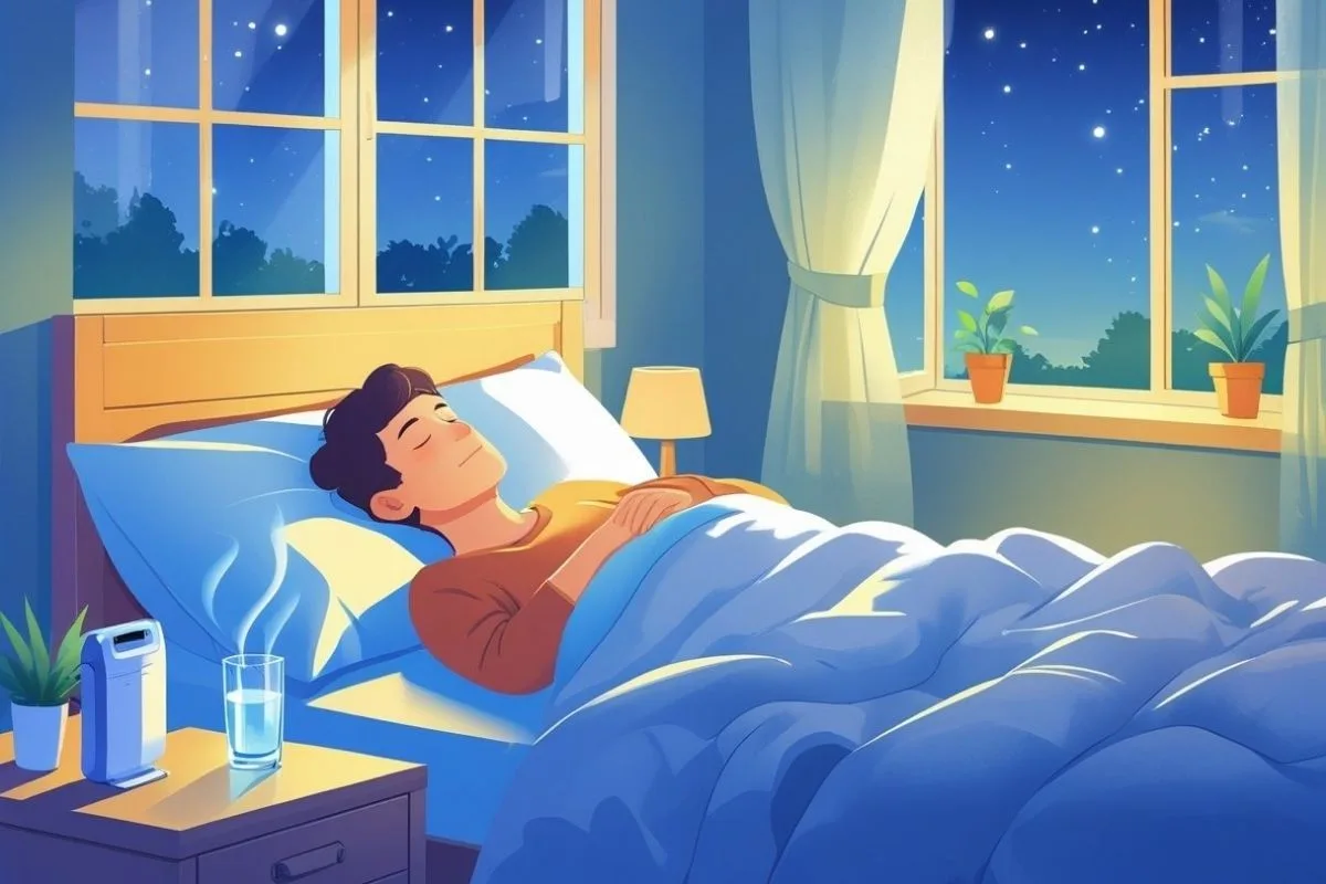 Person sleeping on their back with a humidifier nearby to create a more asthma-friendly sleep environment